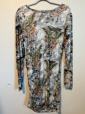 Ed Hardy Womens 1X Dragon Tattoo Print Ruched Bodycon Mini Dress Y2K Grunge